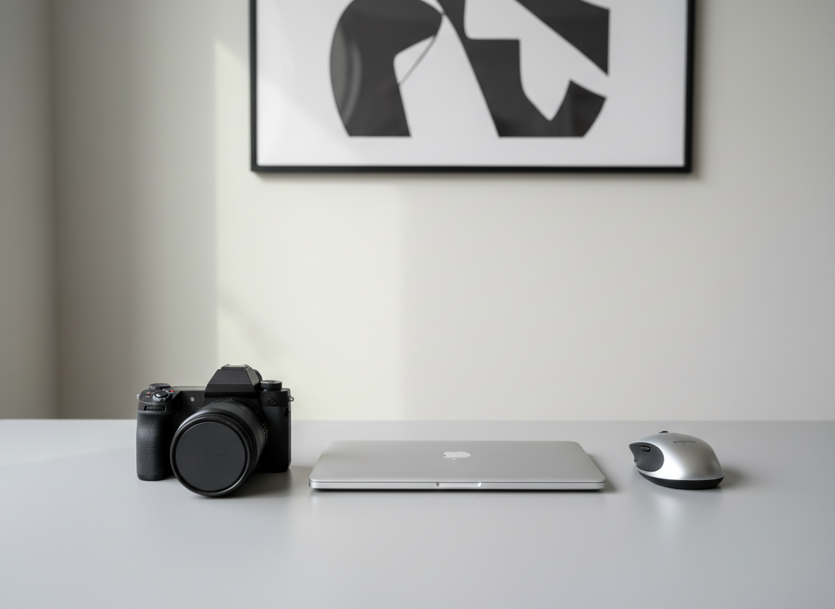 A sleek, minimalist desktop workspace featuring a high-end matte black camera placed alongside a closed silver laptop and a wireless mouse, all arranged on a smooth, light gray desk surface. Neutral-toned walls and a single abstract black-and-white print in the background reinforce the clean setting. Soft diffused daylight streams in from an unseen window, gently illuminating the scene and creating subtle reflections on the metallic surfaces and gentle shadows beneath objects. Captured from a slightly elevated, centered composition, every line and detail feels intentional and precise. The mood is calm, professional, and focused, exuding an atmosphere of uncluttered productivity. The style is photographic realism with a polished, corporate aesthetic, communicating a seamless integration of technology and creative expression for a modern business environment.