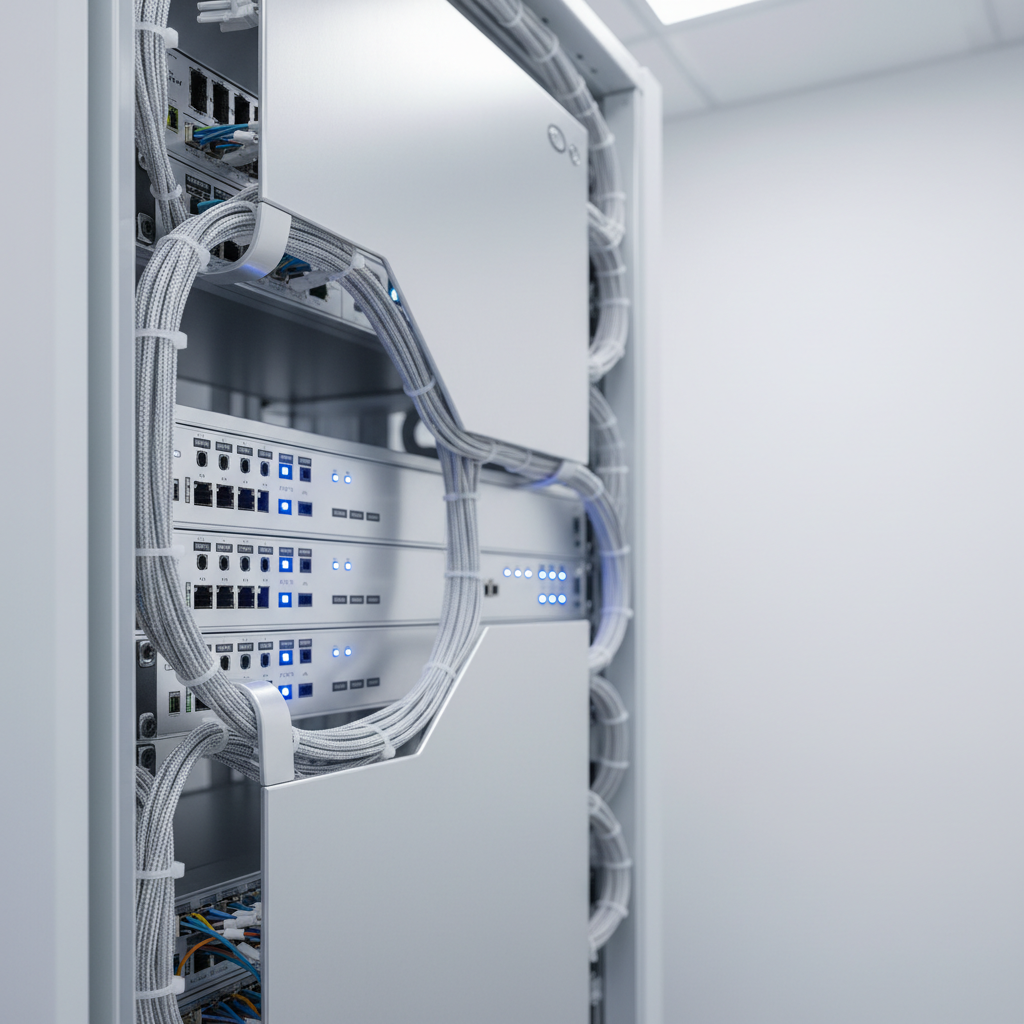 An ultra-modern server rack with brushed aluminum panels and glowing blue indicator lights, set against a spotless white wall in a purpose-built IT suite. Crisp cable management and structured, geometric arrangements define the layout, with neatly labeled ports and smooth, uninterrupted lines. Cool-white recessed lighting overhead provides an even, shadowless illumination that enhances the technological sophistication and cleanliness of the space. The image is shot at eye-level with a slight angle, foregrounding the hardware while allowing the background to recede softly. The mood is efficient and composed, conveying reliable technological infrastructure. The overall style is clean, minimalist, and photographic—perfect for representing an IT-focused service dedicated to precision and professionalism.