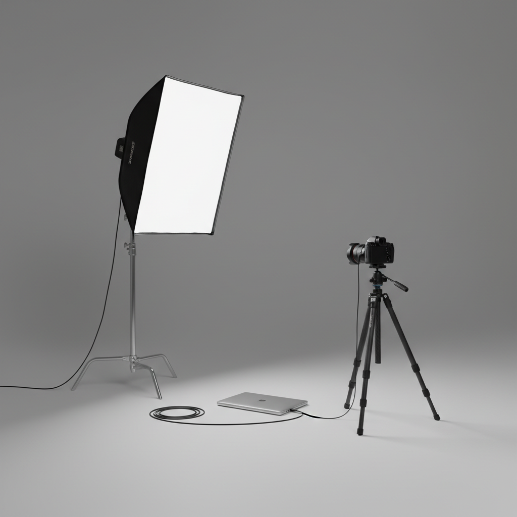 A minimalist photography lighting setup on a seamless neutral gray backdrop, featuring a collapsible softbox, chrome-finished stand, and a high-resolution mirrorless camera mounted on a carbon-fiber tripod. The surface is uncluttered except for a single coiled black cable and a closed, slimline laptop supporting tethered shooting. The lighting is a balanced mix of soft artificial light from the softbox, creating gentle highlights and smooth transitions with nearly imperceptible shadows. Framed in a rule-of-thirds composition from a slightly lower-than-eye-level angle, this studio scene embodies clean lines and deliberate organization. The mood radiates methodical creativity—controlled yet open to possibilities. The image feels photographic and modern, emphasizing the professional approach to visual storytelling.