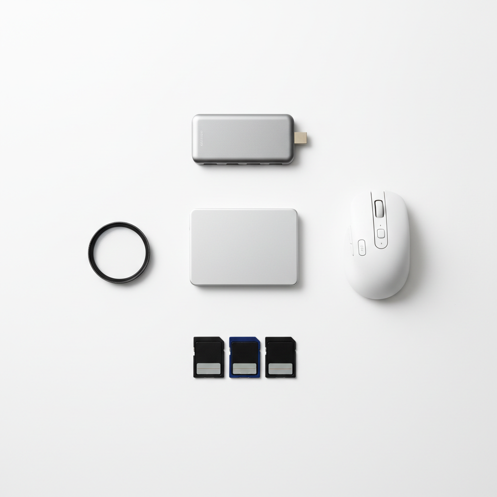 A flat lay arrangement of essential IT and photography tools on a crisp white backdrop, featuring a pristine silver SSD drive, a precision wireless mouse, a set of SD cards, matte black lens filters, and an elegant USB-C hub, all perfectly spaced for visual harmony. The composition is thoughtfully ordered, employing negative space and symmetry to achieve a balanced and minimalist effect. Cool daylight from above lights the scene evenly, producing soft-edged shadows and enhancing the textures of metal and glass. The overall effect is structured and organized, projecting a sense of reliability, technical accuracy, and creative potential. The photographic style is clean, neutral, and distinctly corporate—ideal for illustrating business efficiency in a hybrid creative/technology setting.